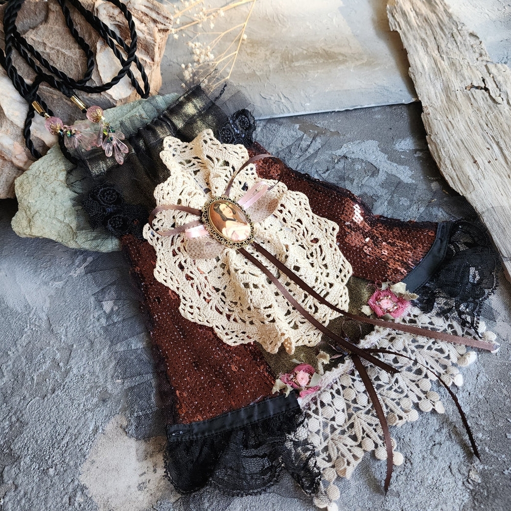 Victorian Jabot Large Cameo Brooch Pink Botanical Rose Black Bowtie Vintage Lace